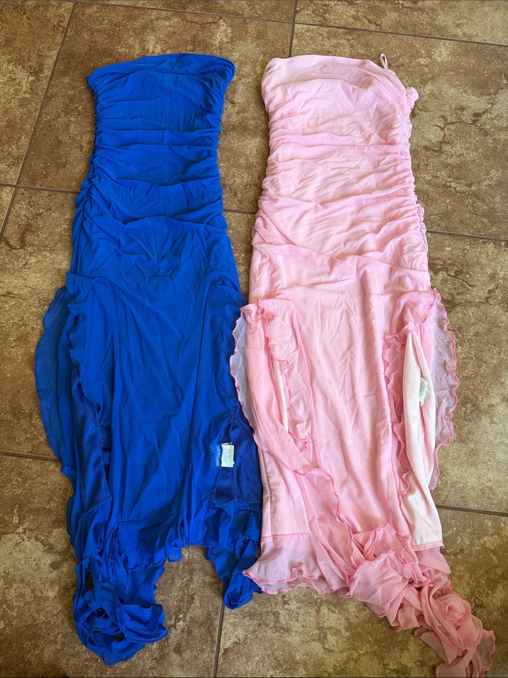 SHEIN Blue and Pink Ruched Midi Dresses - Strapless